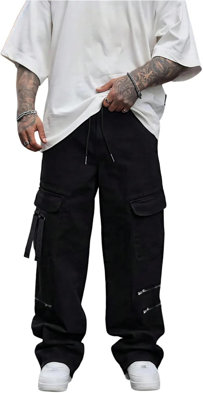 GORGLITTER Men's Stacked Wide Leg Cargo Pants Baggy Y2K Elastic Drawstring Trouser Street Pants
