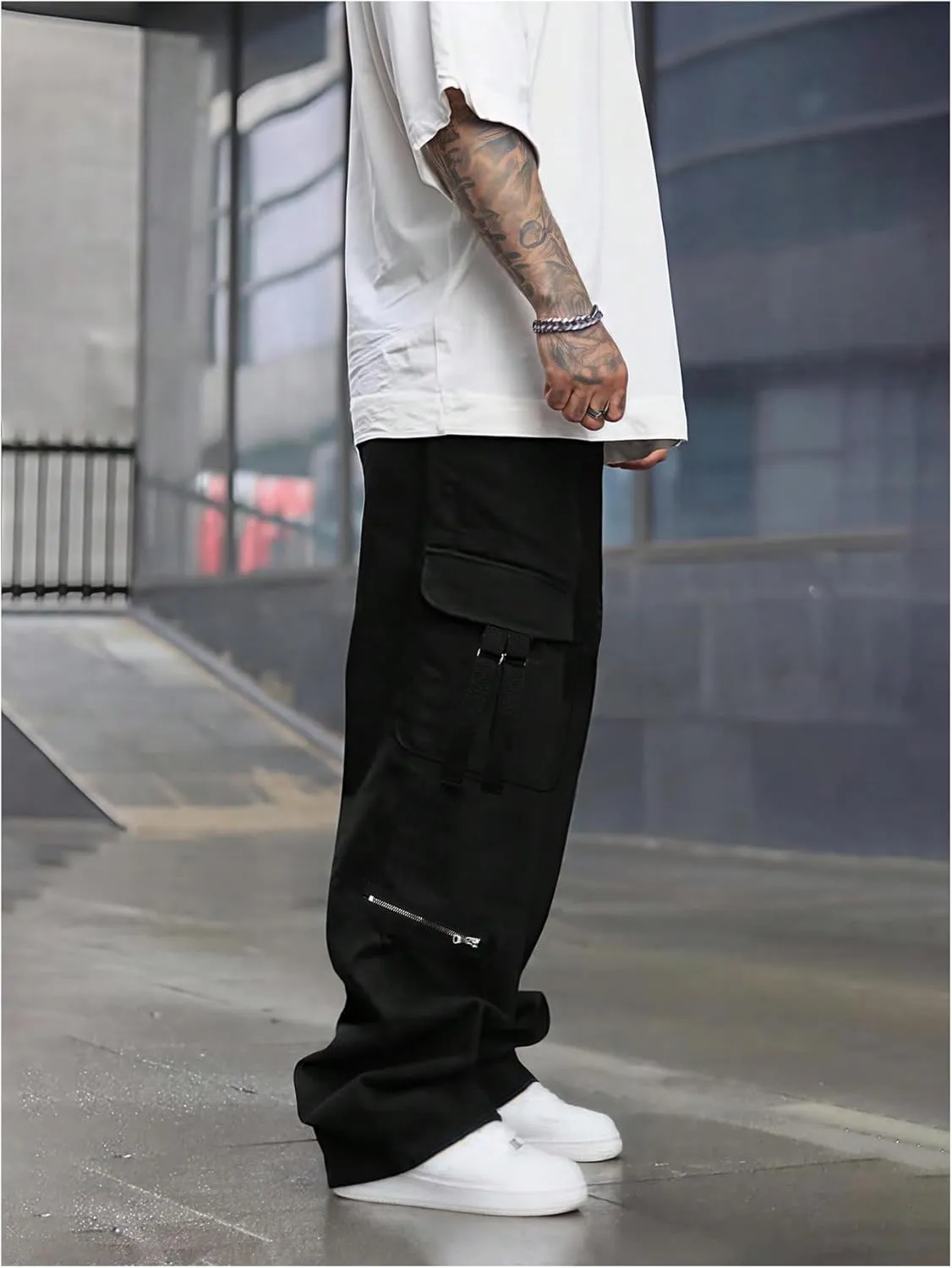 GORGLITTER Men's Stacked Wide Leg Cargo Pants Baggy Y2K Elastic Drawstring Trouser Street Pants