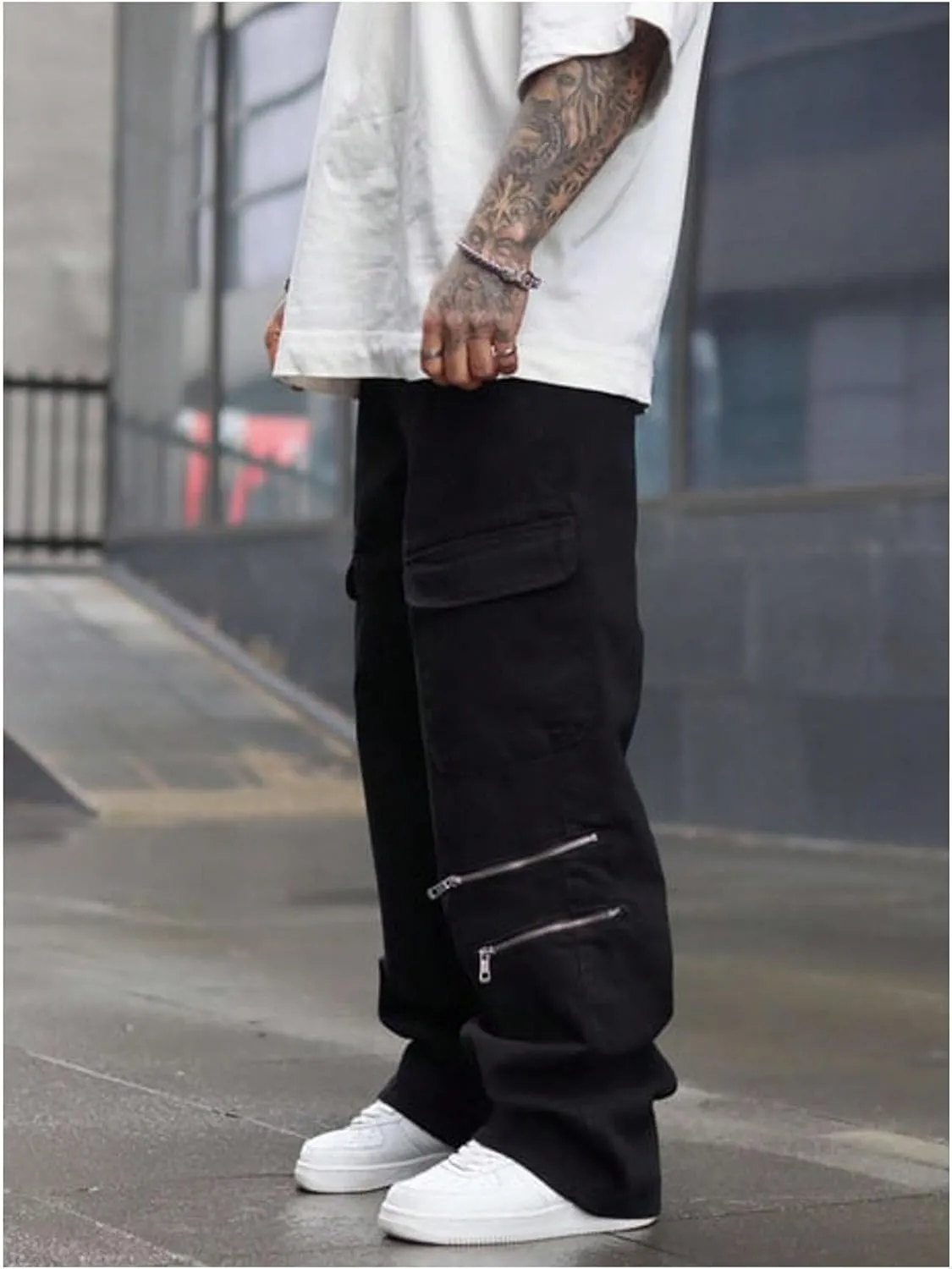 GORGLITTER Men's Stacked Wide Leg Cargo Pants Baggy Y2K Elastic Drawstring Trouser Street Pants