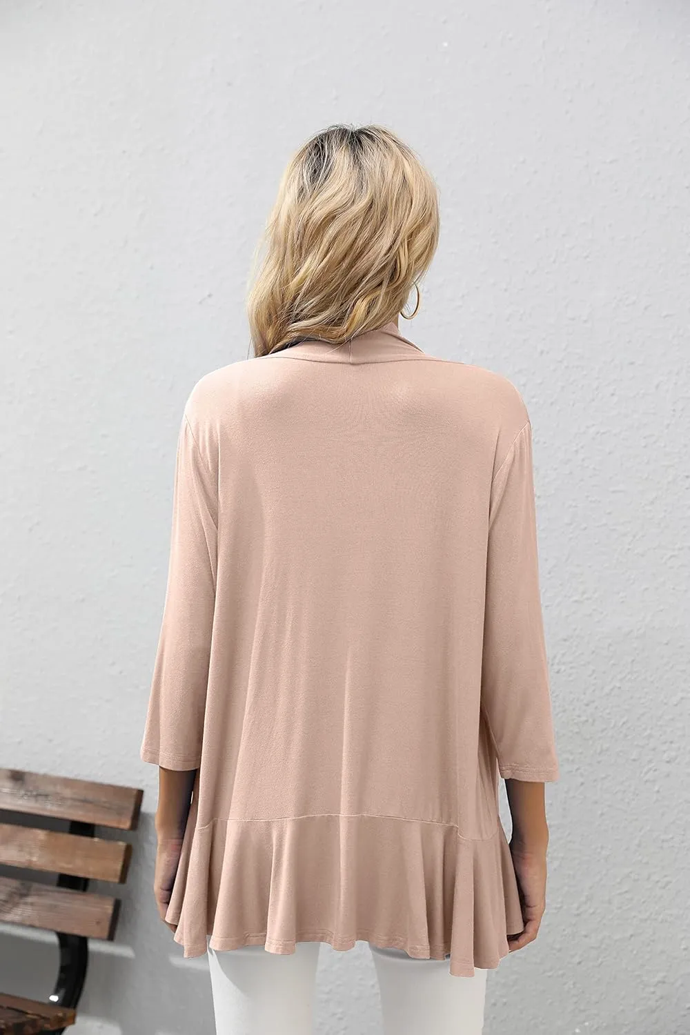 HIYIYEZI Women's Casual Lightweight Open Front Cardigans Soft Draped Ruffles 3/4 Sleeve Cardigan