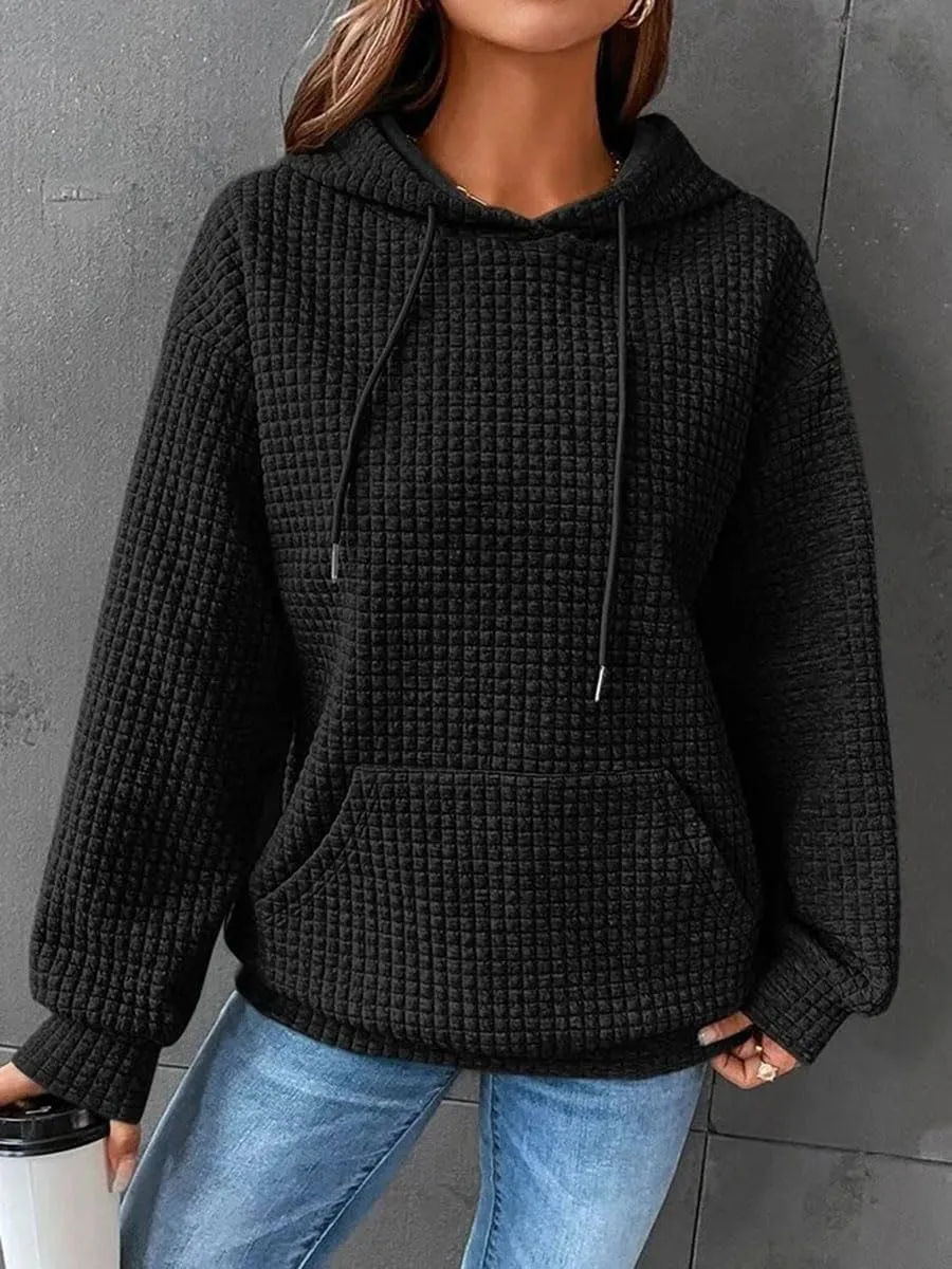 Honganda Women's Casual Oversized Hoodies Long Sleeve Plaid Jacquard Hooded Sweatshirt Pullover Tops with Kangaroo Pocket