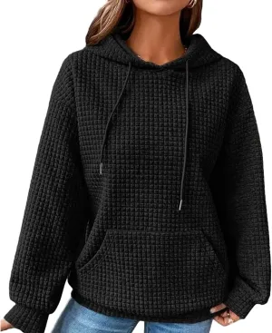 Honganda Women's Casual Oversized Hoodies Long Sleeve Plaid Jacquard Hooded Sweatshirt Pullover Tops with Kangaroo Pocket
