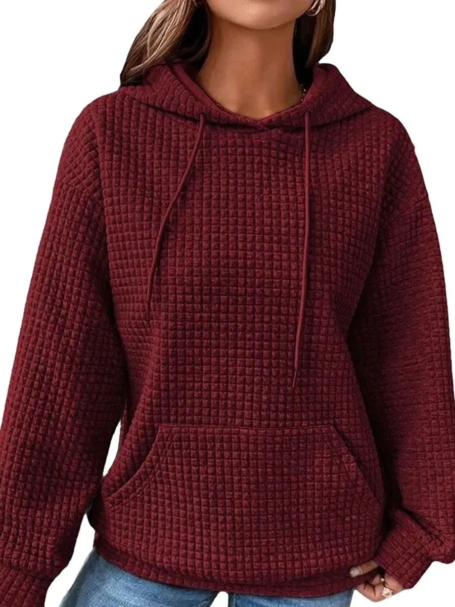 Honganda Women's Casual Oversized Hoodies Long Sleeve Plaid Jacquard Hooded Sweatshirt Pullover Tops with Kangaroo Pocket
