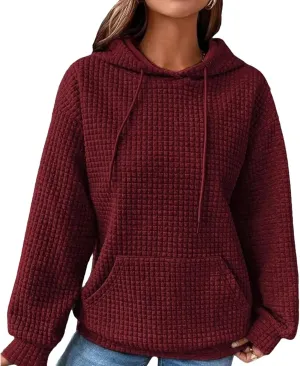 Honganda Women's Casual Oversized Hoodies Long Sleeve Plaid Jacquard Hooded Sweatshirt Pullover Tops with Kangaroo Pocket
