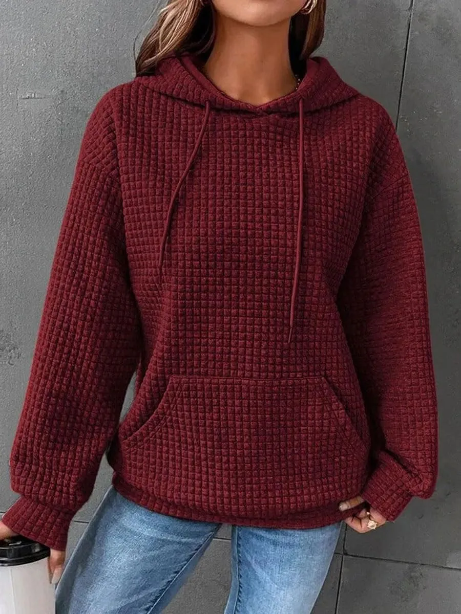 Honganda Women's Casual Oversized Hoodies Long Sleeve Plaid Jacquard Hooded Sweatshirt Pullover Tops with Kangaroo Pocket