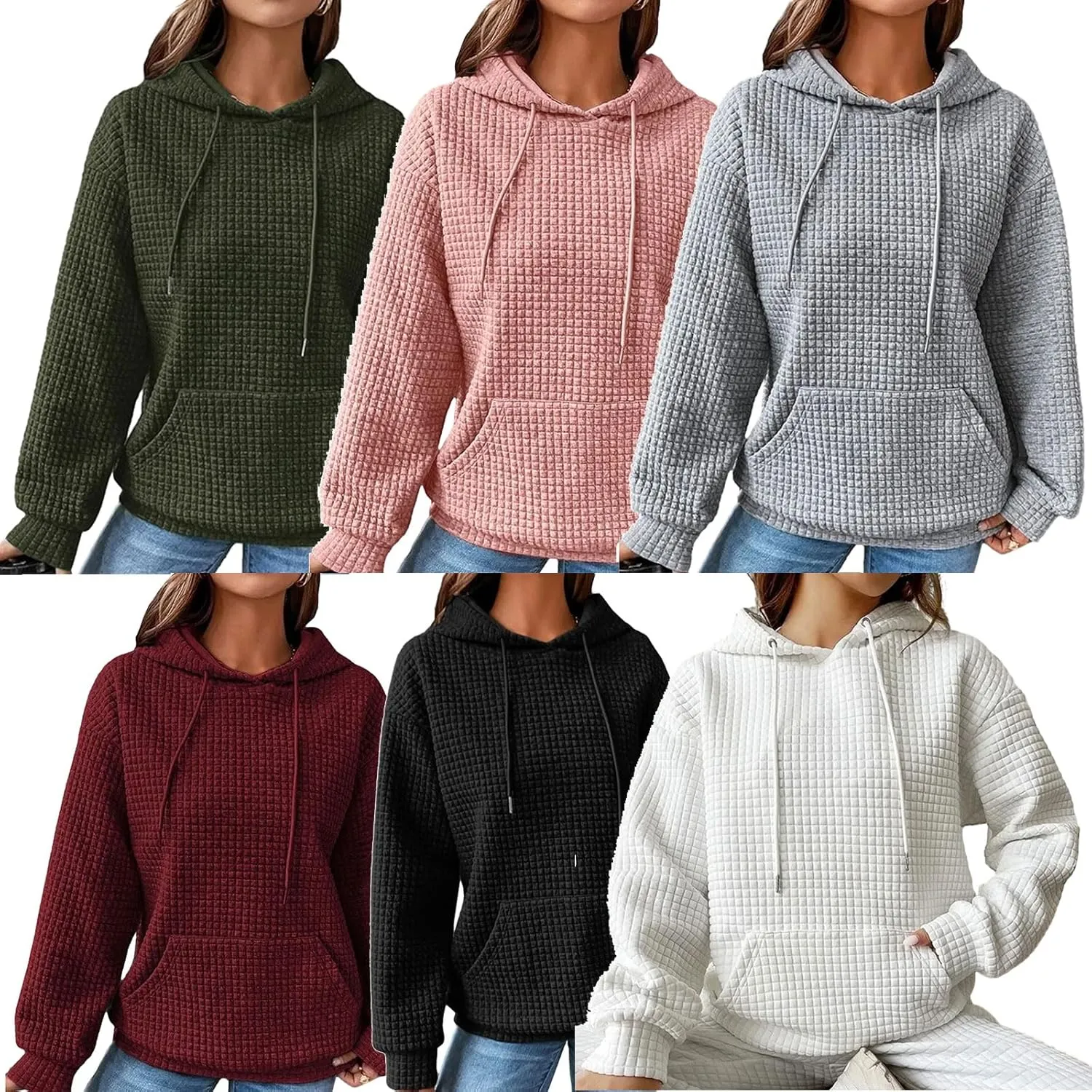 Honganda Women's Casual Oversized Hoodies Long Sleeve Plaid Jacquard Hooded Sweatshirt Pullover Tops with Kangaroo Pocket