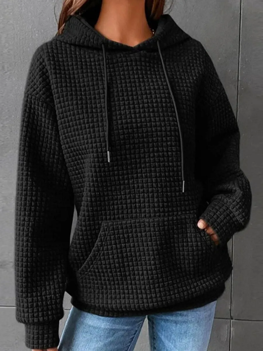 Honganda Women's Casual Oversized Hoodies Long Sleeve Plaid Jacquard Hooded Sweatshirt Pullover Tops with Kangaroo Pocket