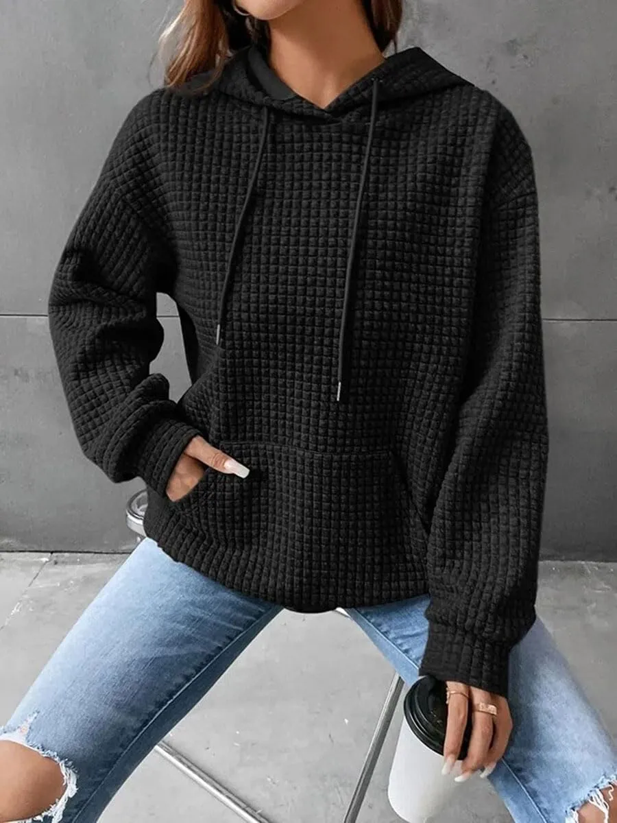 Honganda Women's Casual Oversized Hoodies Long Sleeve Plaid Jacquard Hooded Sweatshirt Pullover Tops with Kangaroo Pocket