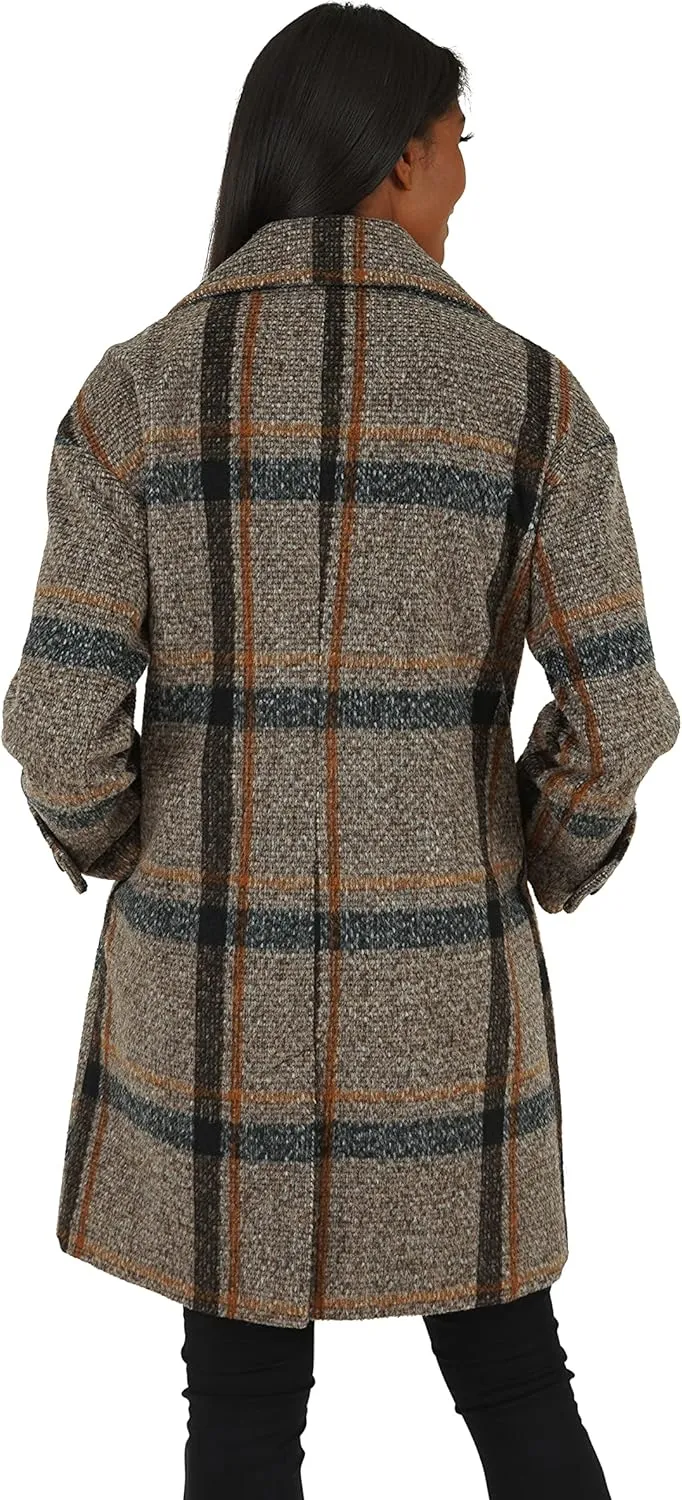 kensie Women's Brushed Plaid Double Breasted Faux Wool Coat