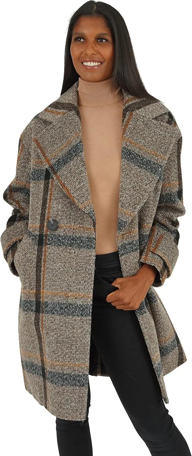 kensie Women's Brushed Plaid Double Breasted Faux Wool Coat