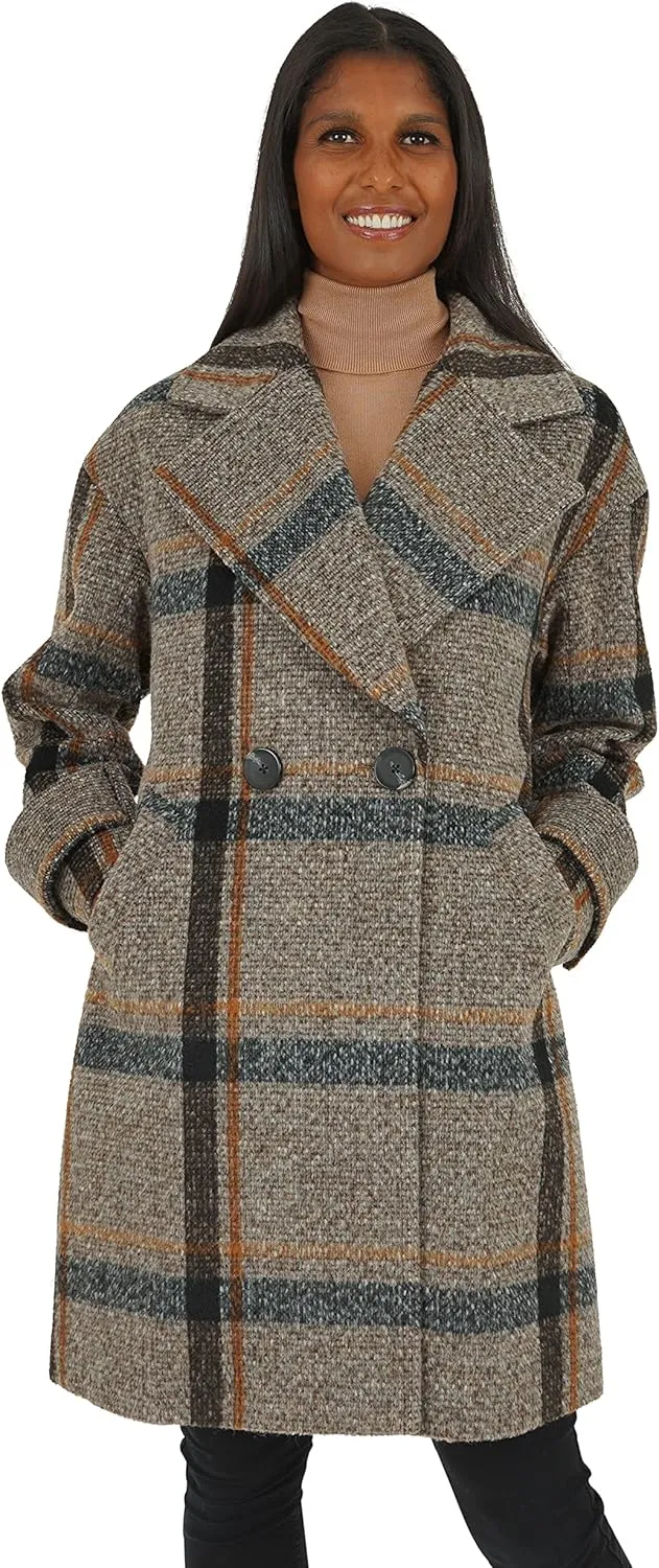 kensie Women's Brushed Plaid Double Breasted Faux Wool Coat