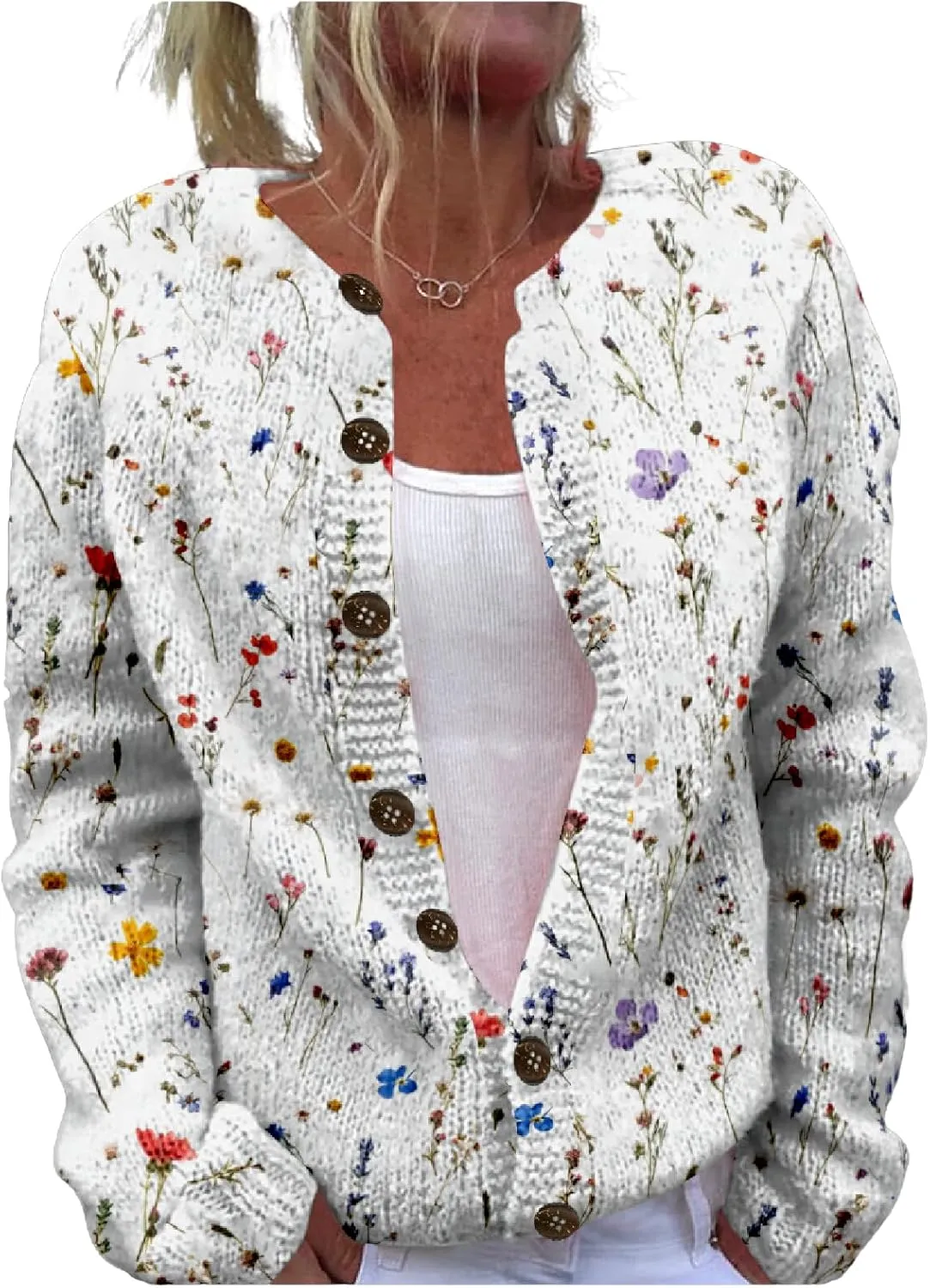 MARSVOVO Women's Boho Open Front Cardigans Cute Flower Print Sweaters Crew Neck Button Down Trendy Fall Tops Coat