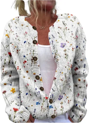 MARSVOVO Women's Boho Open Front Cardigans Cute Flower Print Sweaters Crew Neck Button Down Trendy Fall Tops Coat