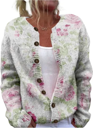 MARSVOVO Women's Boho Open Front Cardigans Cute Flower Print Sweaters Crew Neck Button Down Trendy Fall Tops Coat