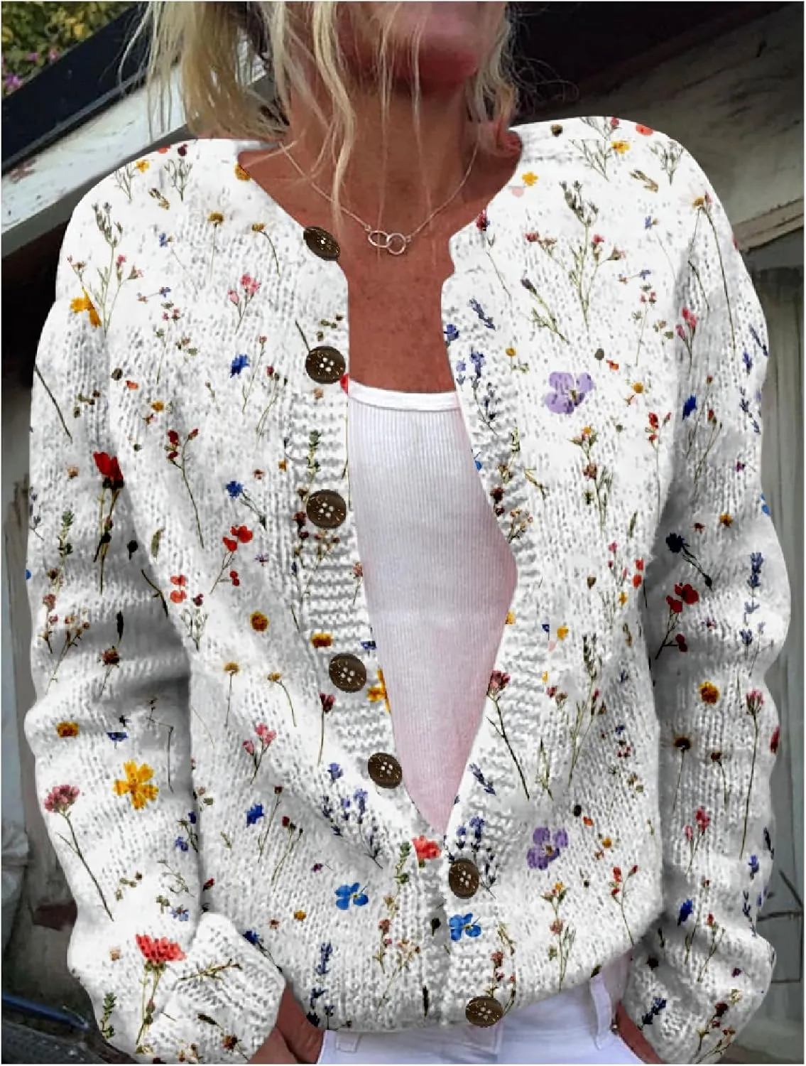 MARSVOVO Women's Boho Open Front Cardigans Cute Flower Print Sweaters Crew Neck Button Down Trendy Fall Tops Coat