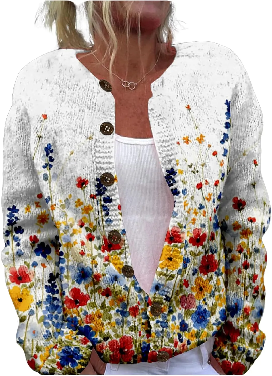 MARSVOVO Women's Boho Open Front Cardigans Cute Flower Print Sweaters Crew Neck Button Down Trendy Fall Tops Coat