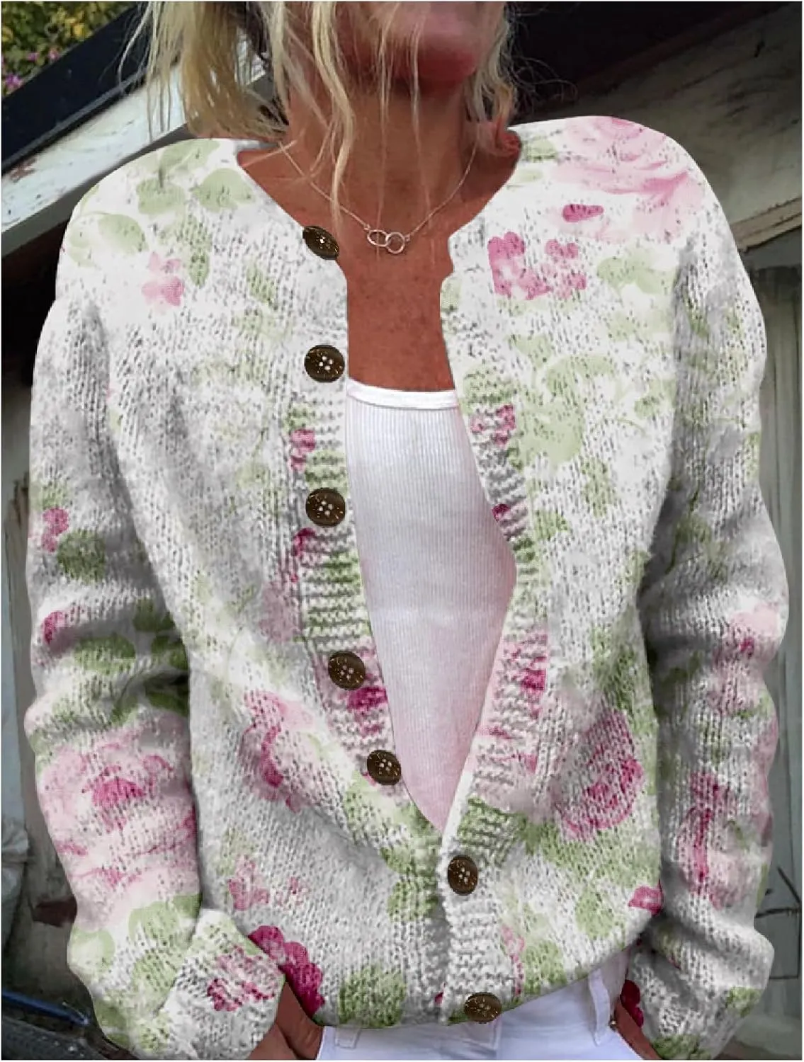 MARSVOVO Women's Boho Open Front Cardigans Cute Flower Print Sweaters Crew Neck Button Down Trendy Fall Tops Coat