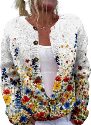 MARSVOVO Women's Boho Open Front Cardigans Cute Flower Print Sweaters Crew Neck Button Down Trendy Fall Tops Coat