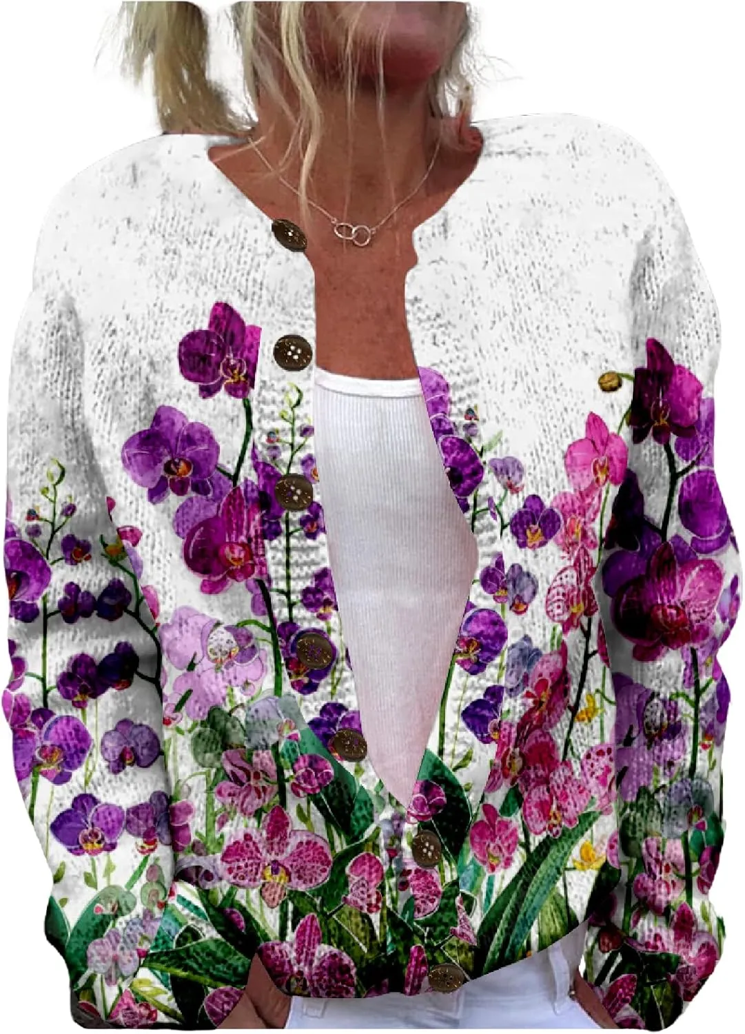 MARSVOVO Women's Boho Open Front Cardigans Cute Flower Print Sweaters Crew Neck Button Down Trendy Fall Tops Coat