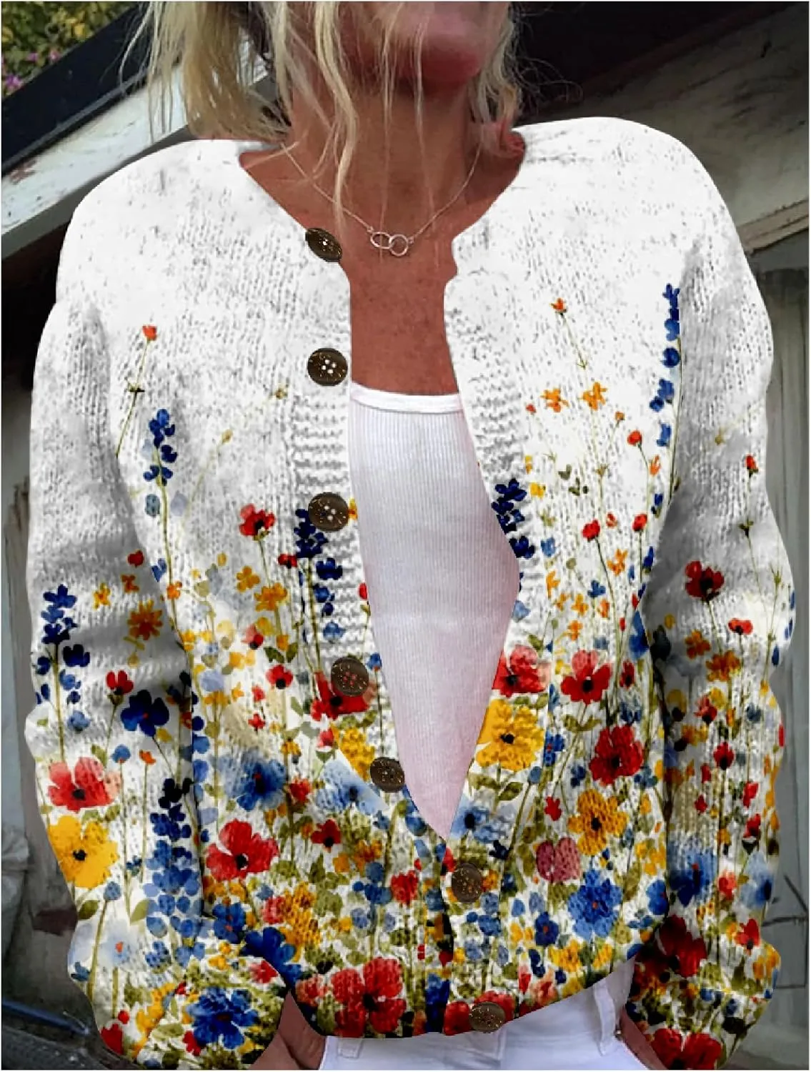 MARSVOVO Women's Boho Open Front Cardigans Cute Flower Print Sweaters Crew Neck Button Down Trendy Fall Tops Coat