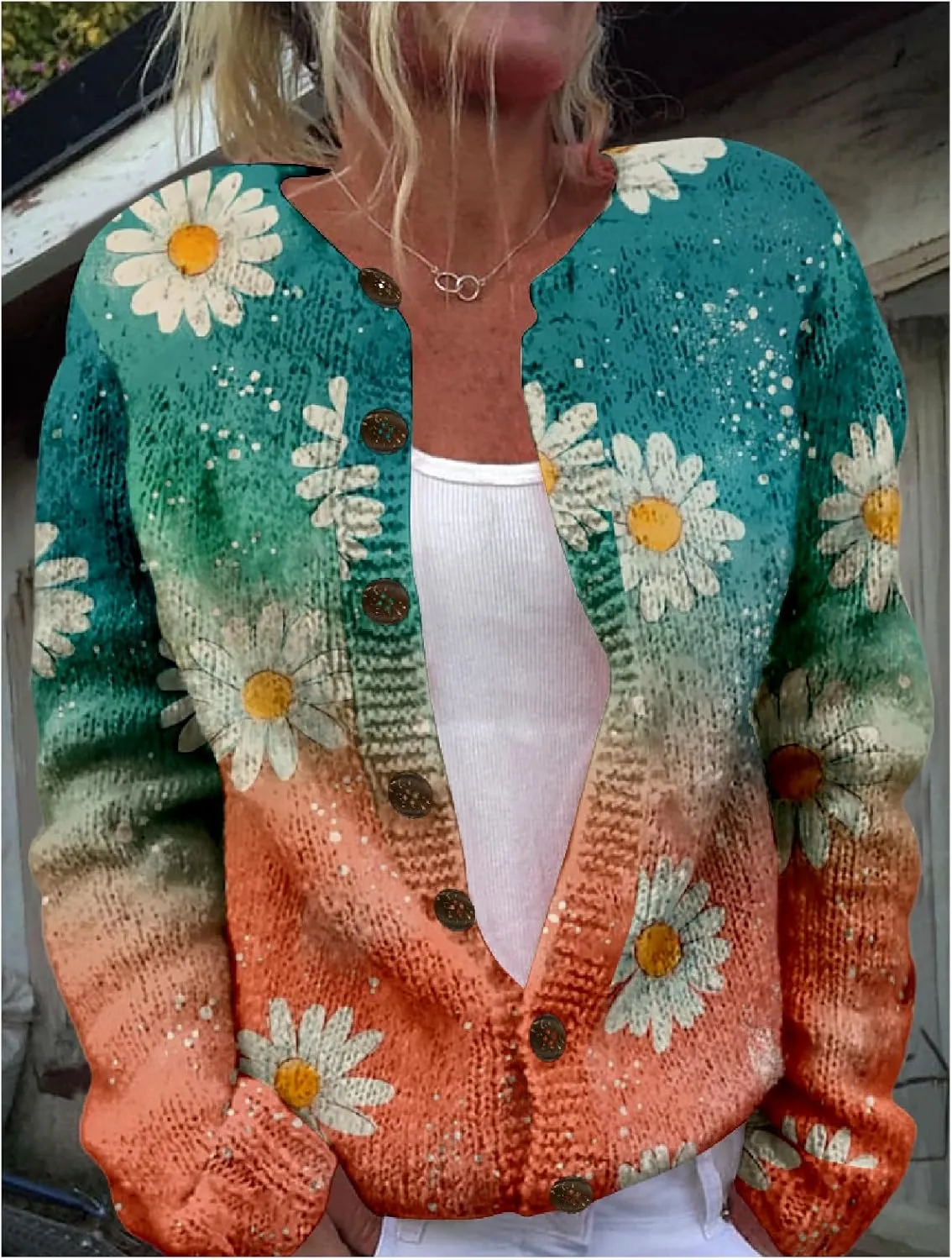 MARSVOVO Women's Boho Open Front Cardigans Cute Flower Print Sweaters Crew Neck Button Down Trendy Fall Tops Coat