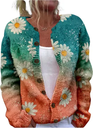 MARSVOVO Women's Boho Open Front Cardigans Cute Flower Print Sweaters Crew Neck Button Down Trendy Fall Tops Coat