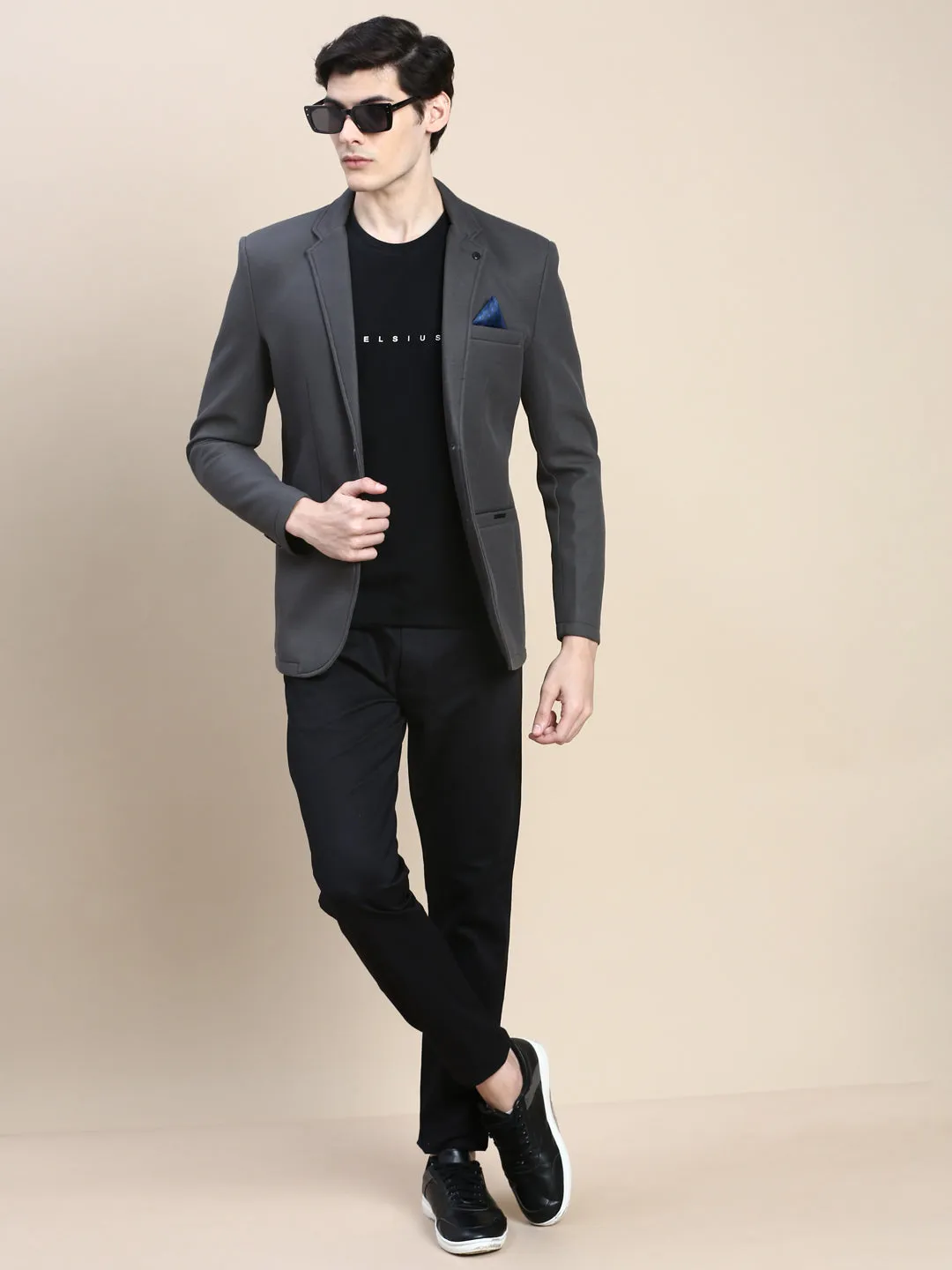Men Dark Grey Notched Lapel Slim-Fit Single-Breasted Blazer