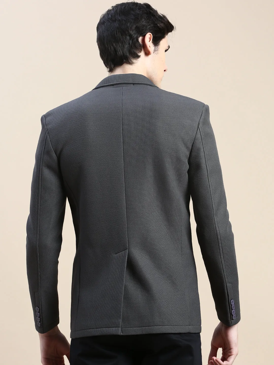 Men Dark Grey Notched Lapel Slim-Fit Single-Breasted Blazer