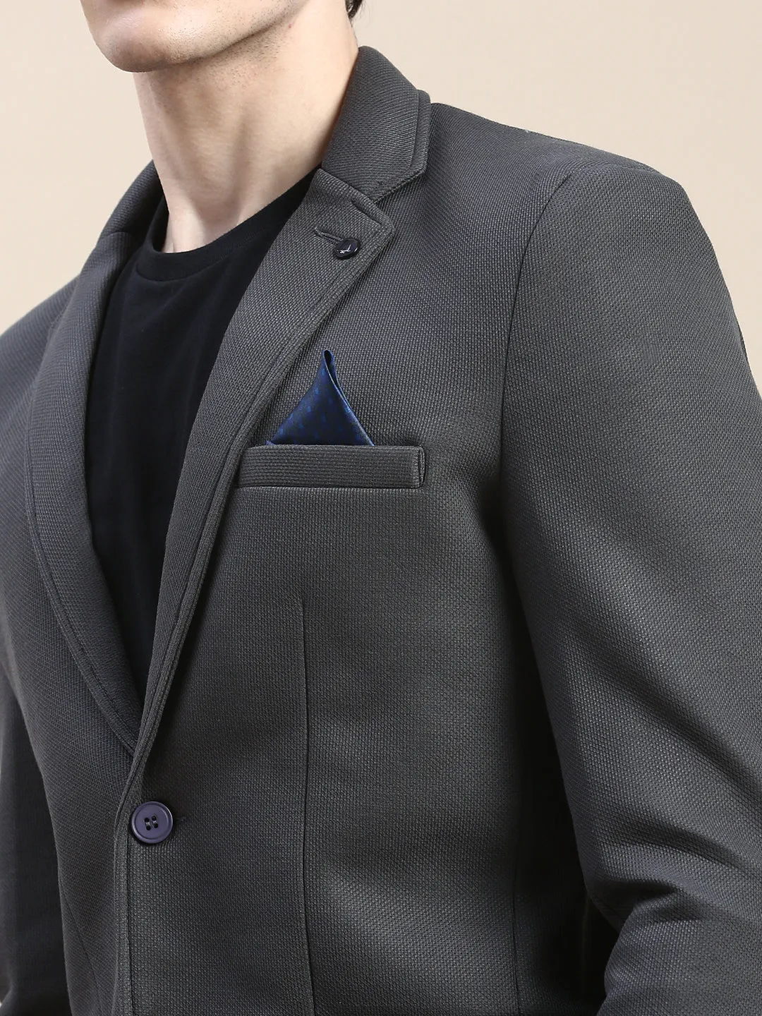 Men Dark Grey Notched Lapel Slim-Fit Single-Breasted Blazer