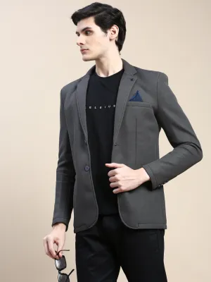 Men Dark Grey Notched Lapel Slim-Fit Single-Breasted Blazer