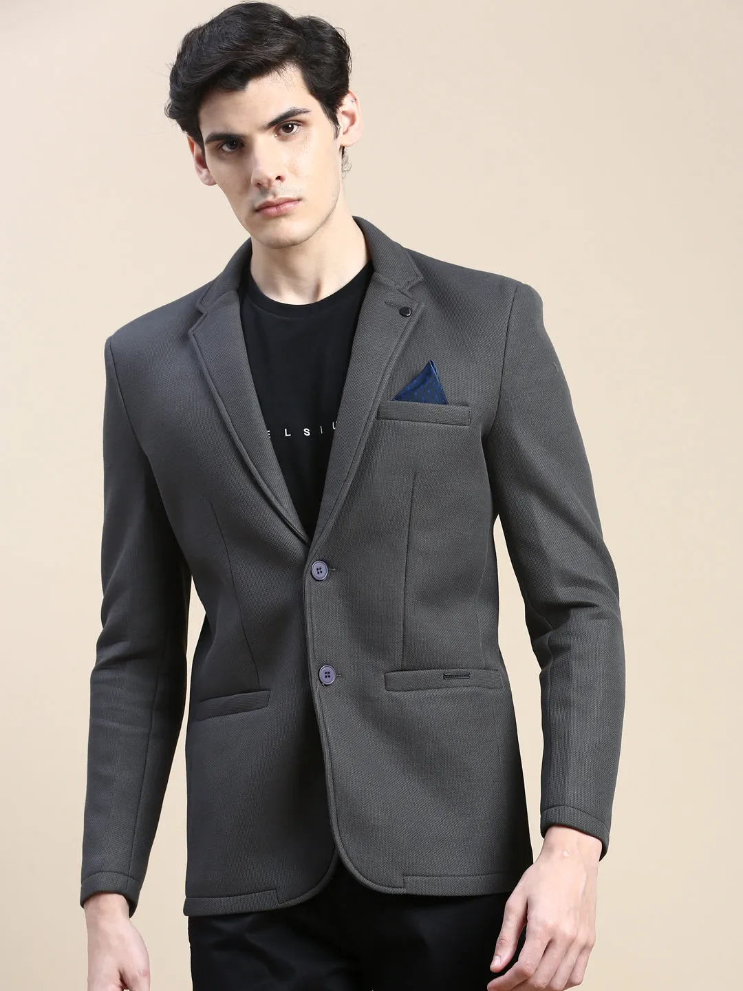 Men Dark Grey Notched Lapel Slim-Fit Single-Breasted Blazer