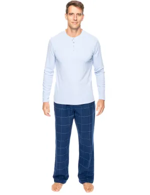 Mens Premium 100% Cotton Flannel Lounge Set - Windowpane Checks Dark Blue