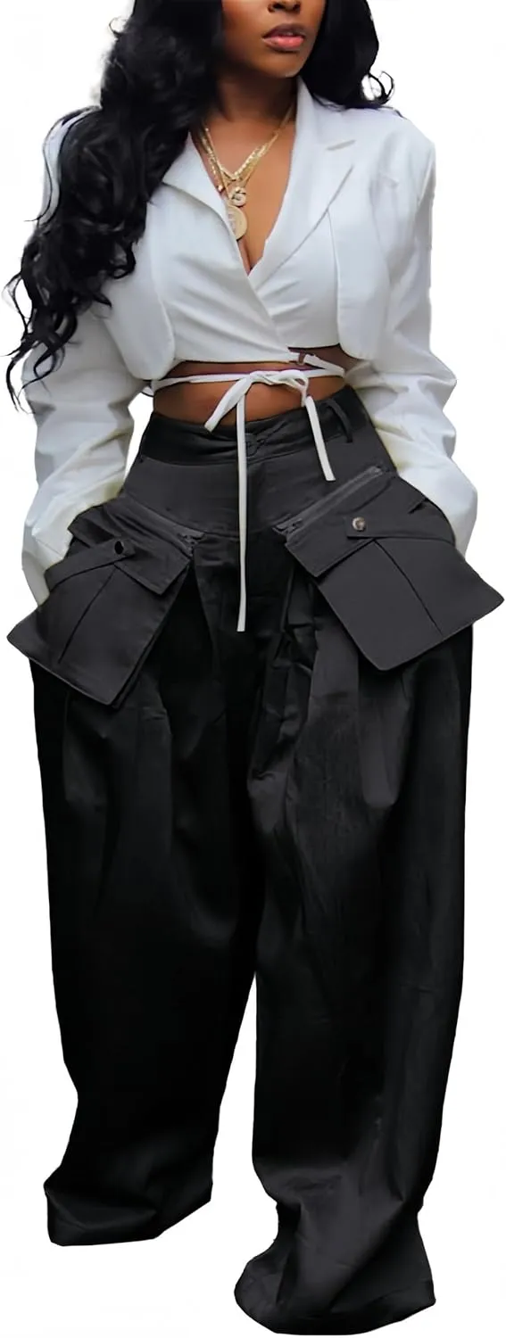 Mid Rise Wide Leg Cargo Pants for Women Baggy Trousers with Detachable Pockets Streetwear