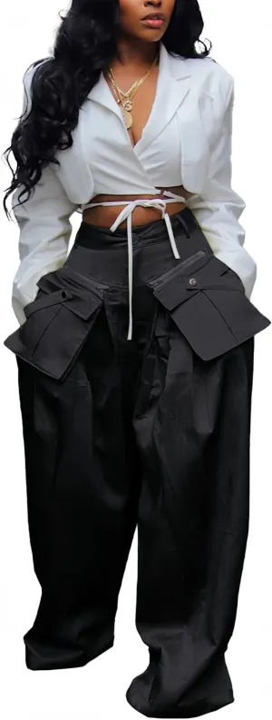 Mid Rise Wide Leg Cargo Pants for Women Baggy Trousers with Detachable Pockets Streetwear