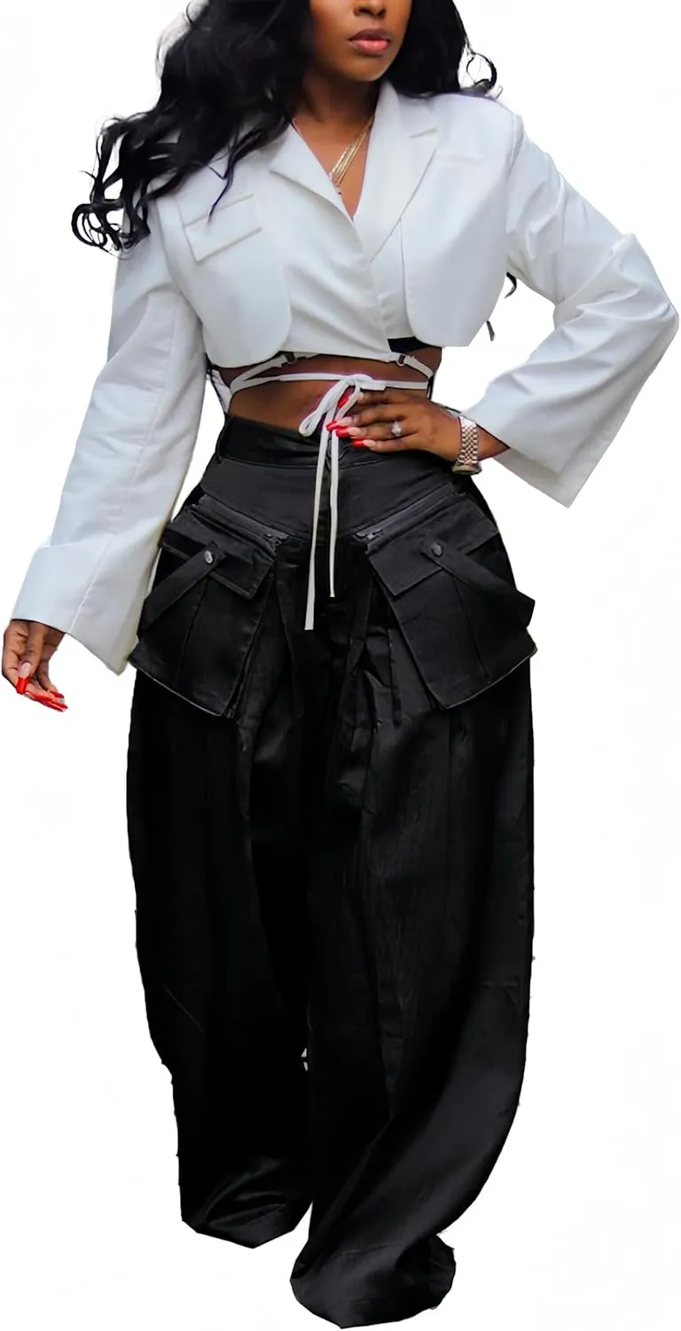 Mid Rise Wide Leg Cargo Pants for Women Baggy Trousers with Detachable Pockets Streetwear