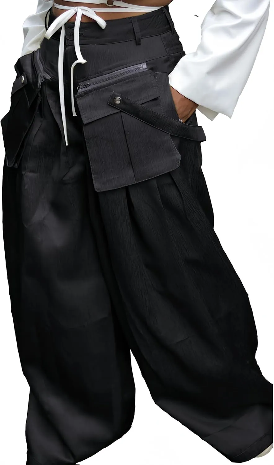 Mid Rise Wide Leg Cargo Pants for Women Baggy Trousers with Detachable Pockets Streetwear