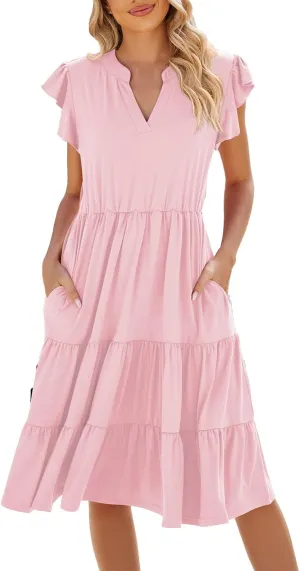 Midi Dresses for Women 2024 Summer V Neck Tiered Ruffle Sleeve Midi Dress Casual Flowy Sundress with Pockets