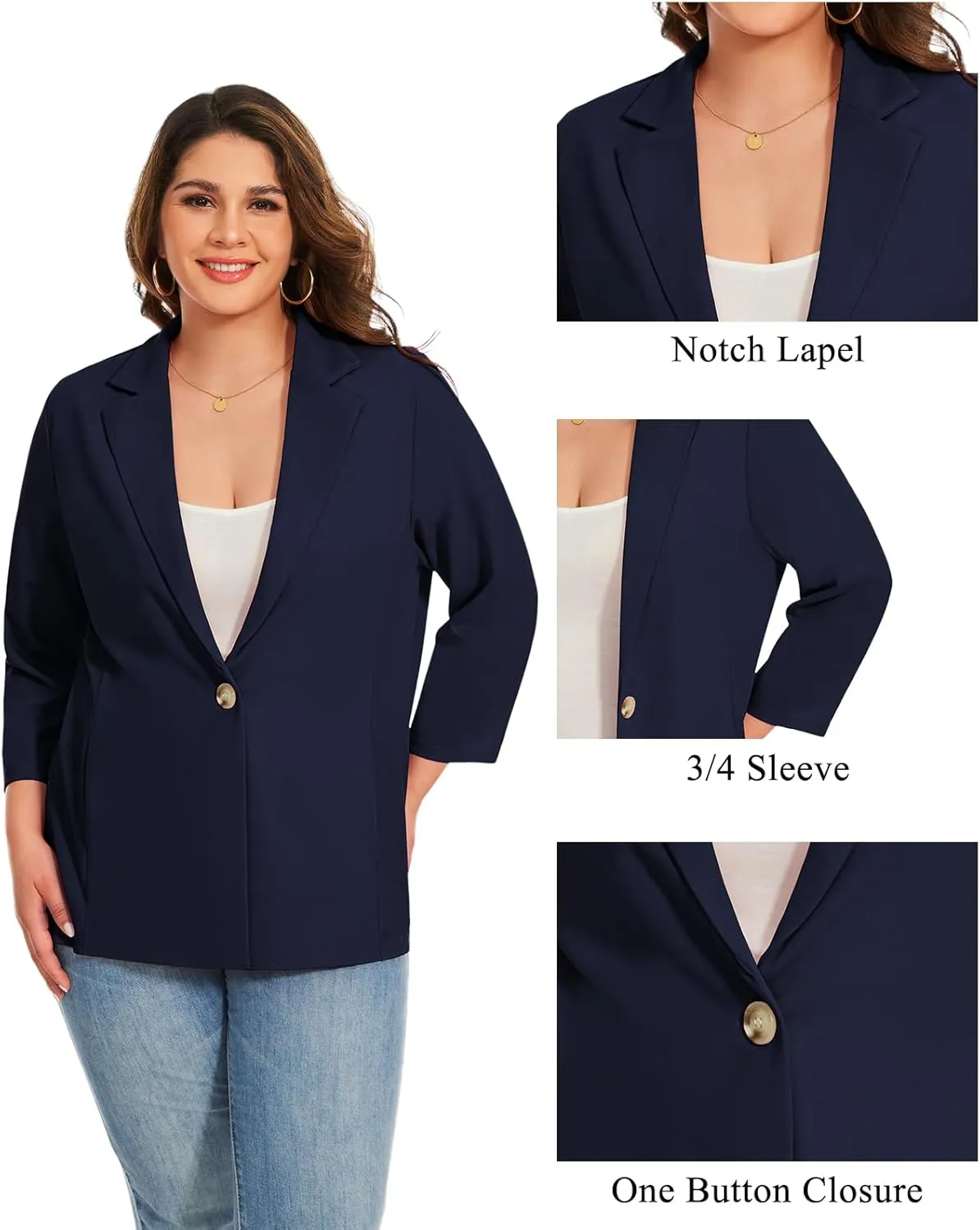 MINTLIMIT Womens Plus Size Blazer 3/4 Sleeve Notch Lapel Casual Work Blazers One Button Open Front Pockets Jackets (XL-5XL)