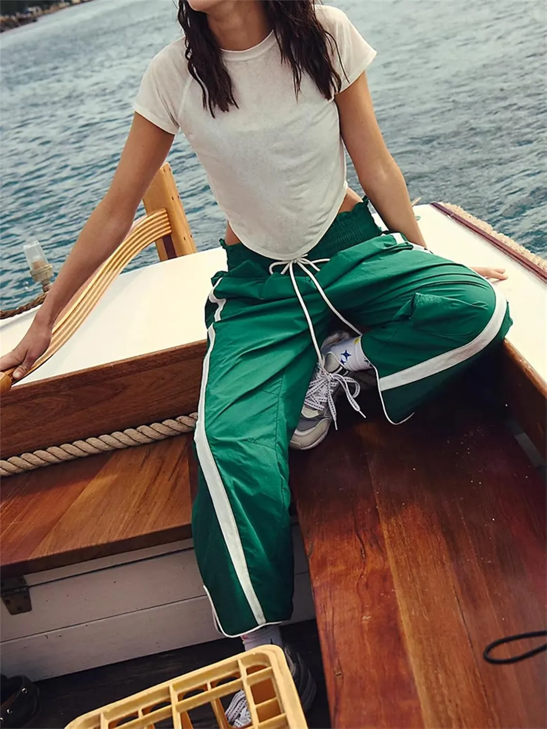 Miqil Women's Casual Loose Striped Sweatpants Y2K Sporty Elastic High Waist Drawstring Wide Leg Barrel Pants Going Out Pants