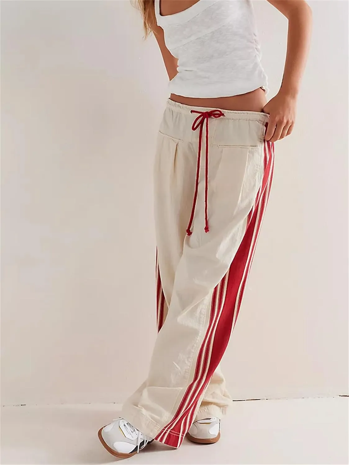Miqil Women's Casual Loose Striped Sweatpants Y2K Sporty Elastic High Waist Drawstring Wide Leg Barrel Pants Going Out Pants