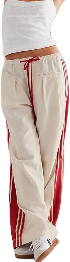 Miqil Women's Casual Loose Striped Sweatpants Y2K Sporty Elastic High Waist Drawstring Wide Leg Barrel Pants Going Out Pants
