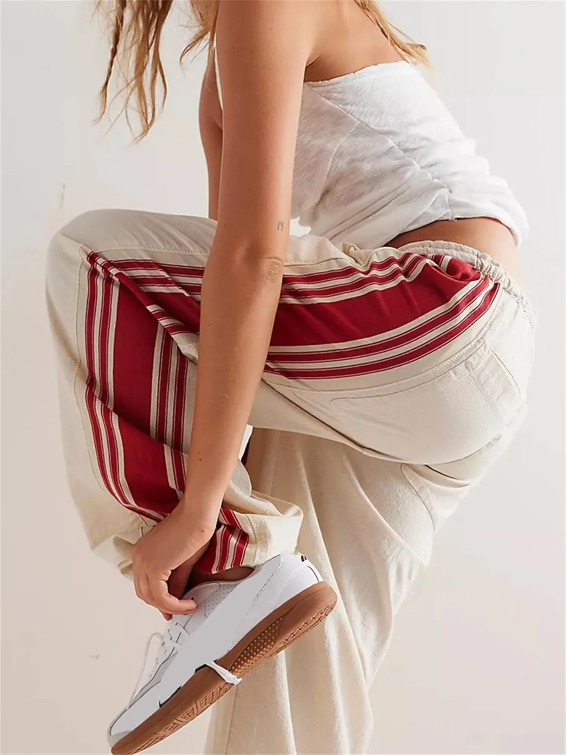 Miqil Women's Casual Loose Striped Sweatpants Y2K Sporty Elastic High Waist Drawstring Wide Leg Barrel Pants Going Out Pants