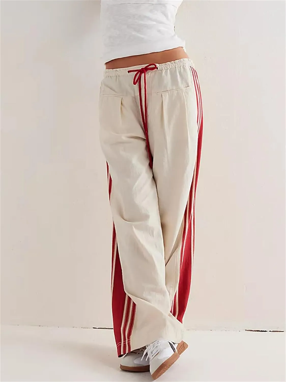 Miqil Women's Casual Loose Striped Sweatpants Y2K Sporty Elastic High Waist Drawstring Wide Leg Barrel Pants Going Out Pants