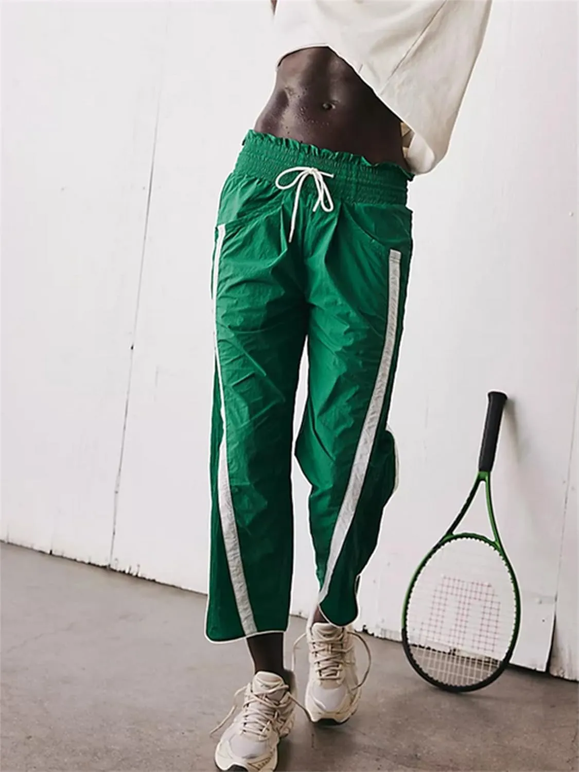 Miqil Women's Casual Loose Striped Sweatpants Y2K Sporty Elastic High Waist Drawstring Wide Leg Barrel Pants Going Out Pants