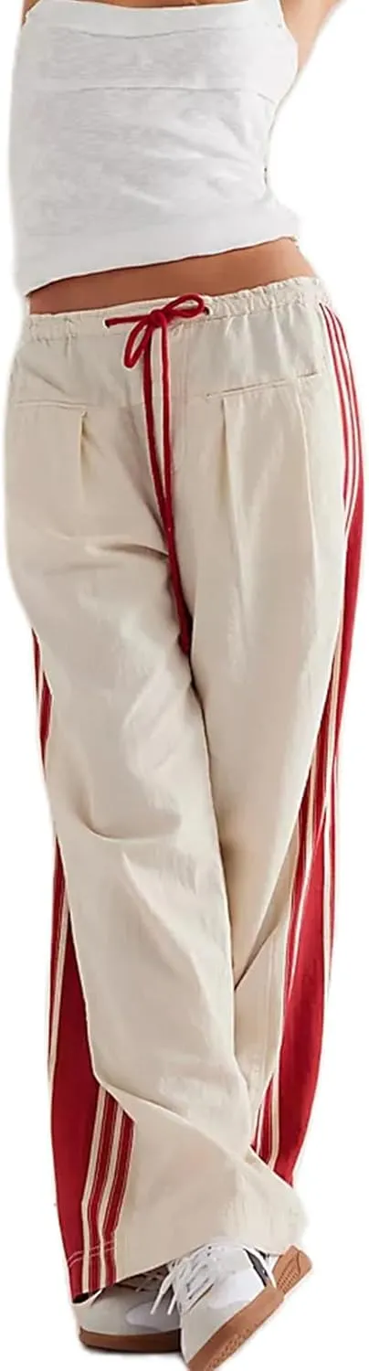 Miqil Women's Casual Loose Striped Sweatpants Y2K Sporty Elastic High Waist Drawstring Wide Leg Barrel Pants Going Out Pants