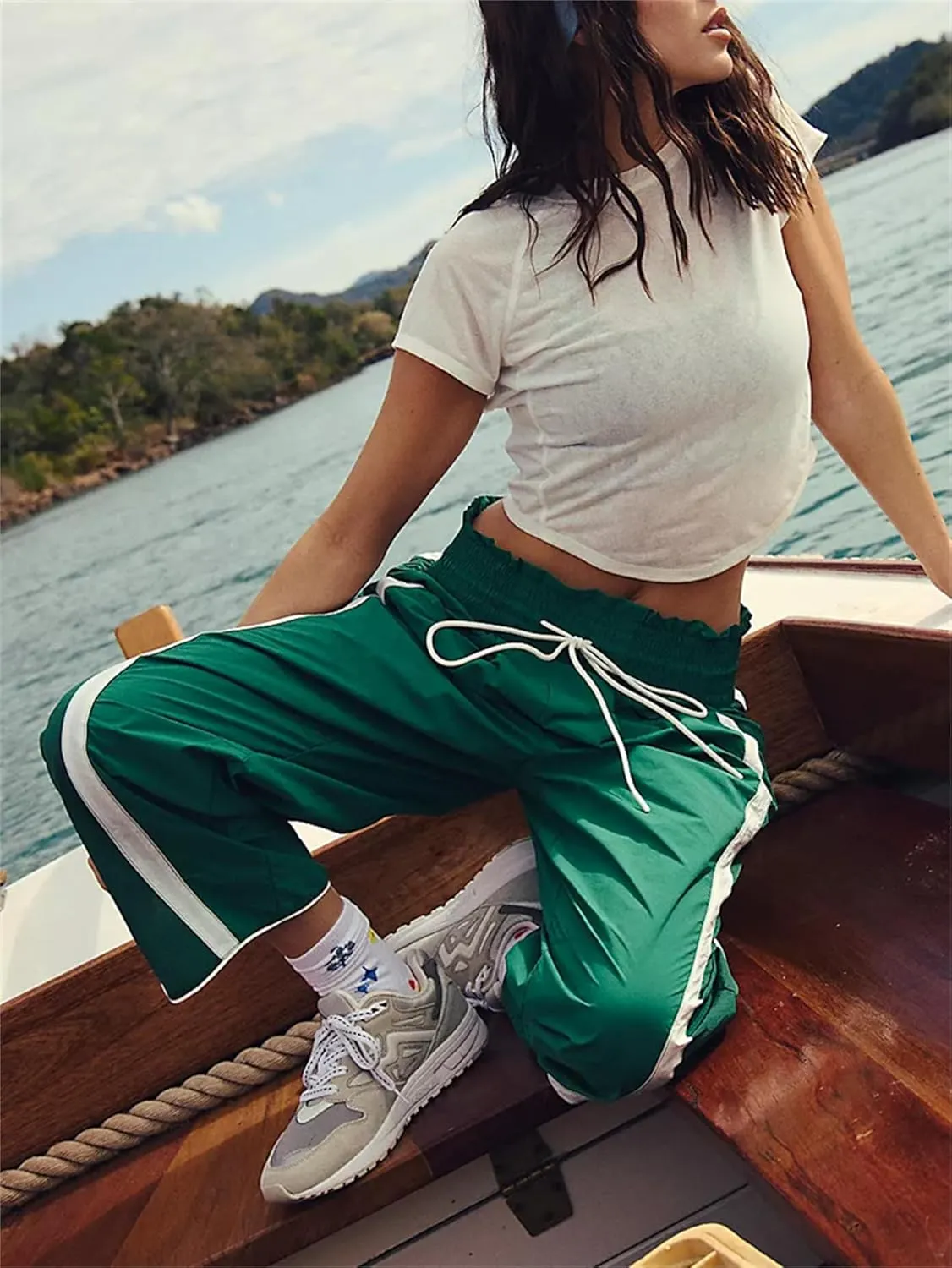 Miqil Women's Casual Loose Striped Sweatpants Y2K Sporty Elastic High Waist Drawstring Wide Leg Barrel Pants Going Out Pants