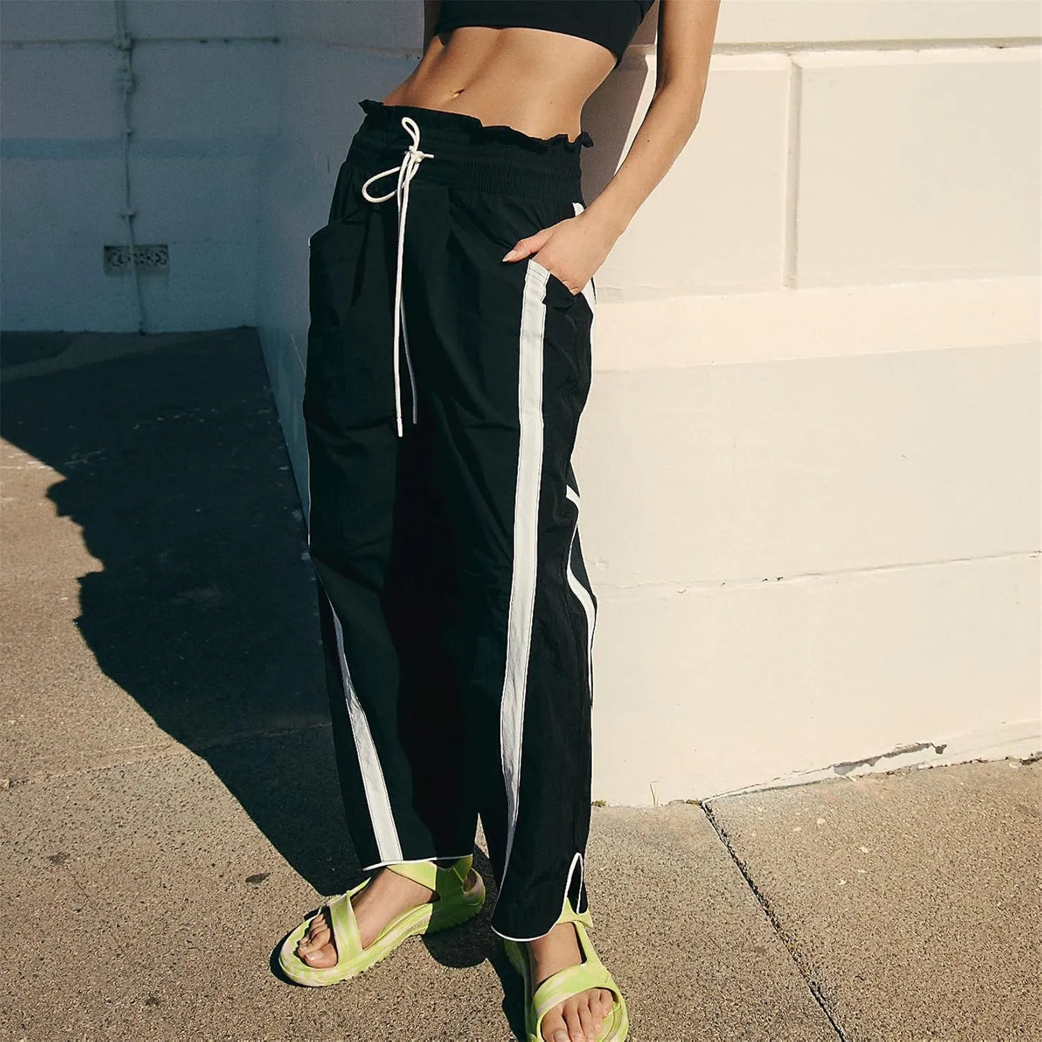 Miqil Women's Casual Loose Striped Sweatpants Y2K Sporty Elastic High Waist Drawstring Wide Leg Barrel Pants Going Out Pants