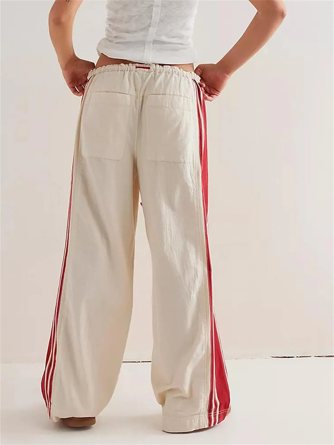 Miqil Women's Casual Loose Striped Sweatpants Y2K Sporty Elastic High Waist Drawstring Wide Leg Barrel Pants Going Out Pants