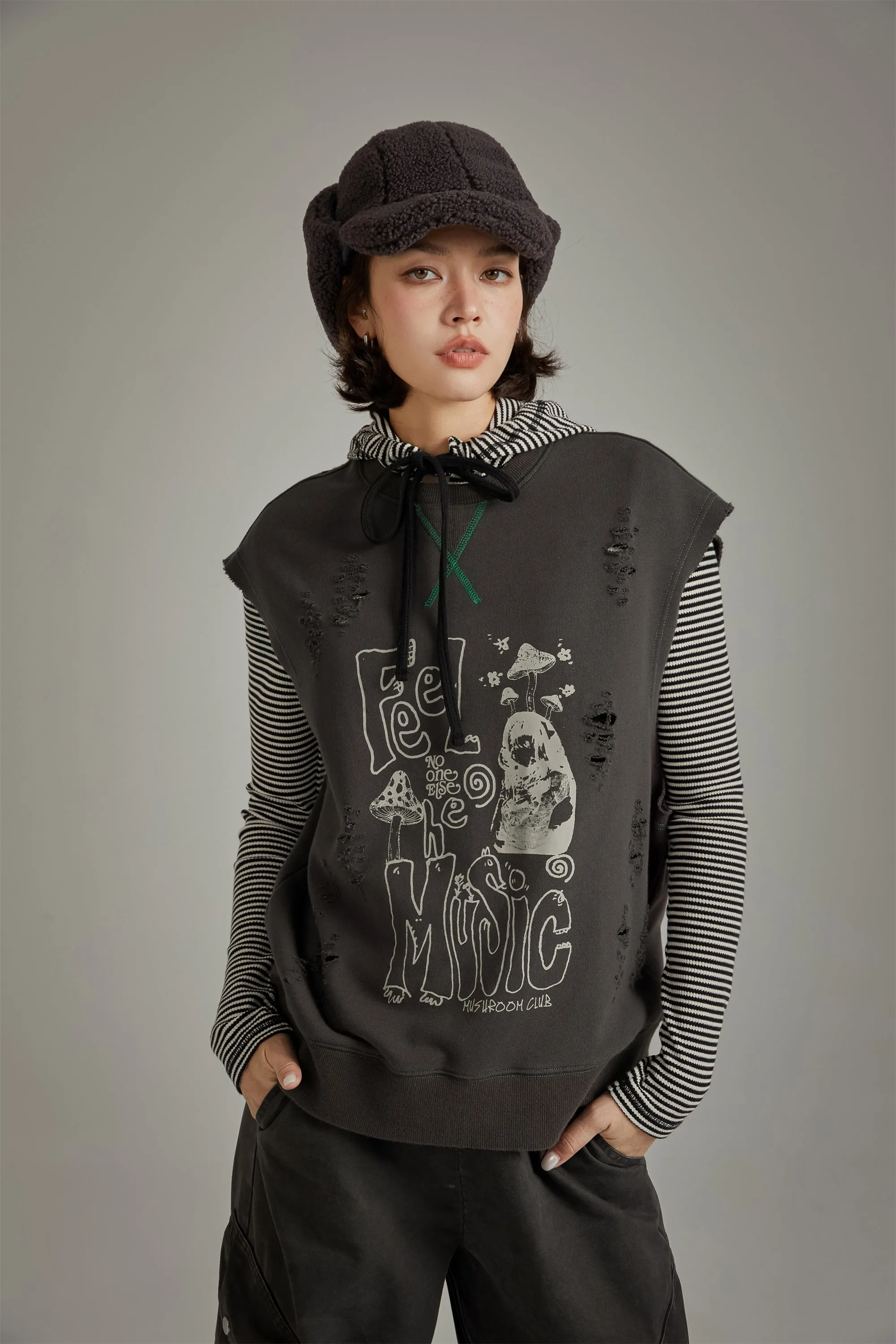 Music Distressed Printed Loose Vest