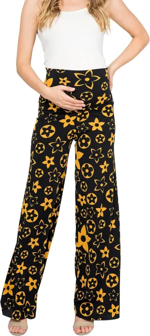 My Bump Women's Maternity Casual Bohemian Damask Palazzo Pants W/Tummy Control